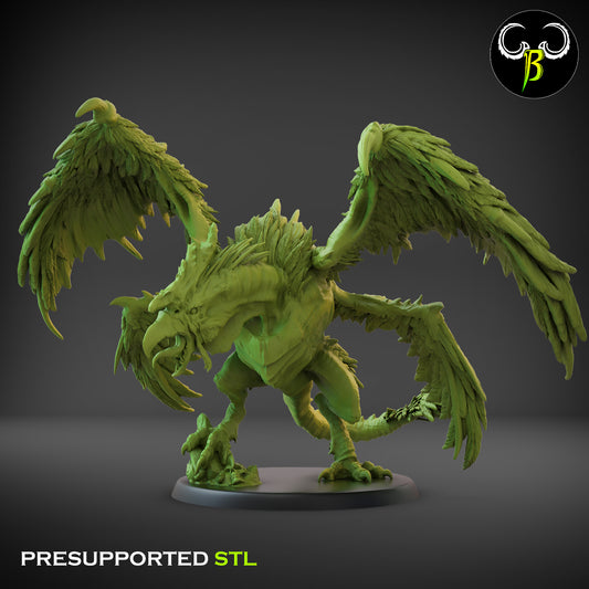 A detailed model of a large, fantasy gryphon with outstretched wings, poised in an aggressive stance on a round base. The Chaos Catrice - Clay Beast Creations - 3D Print is green and marked as "Presupported STL." The background is a gradient gray, and a logo with ram horns is visible in the upper right corner—perfect for Dungeons and Dragons adventures.