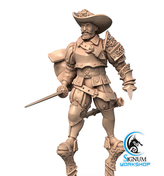 A detailed 3D printed miniature figurine of a medieval knight wearing ornate armor and a hat with a feather. The knight wields a rapier in his right hand and has a confident stance, perfect for Dungeons and Dragons campaigns. The image features a logo in the bottom right corner that reads "Chevalier de Batz - Signum Workshop - 3d Print.