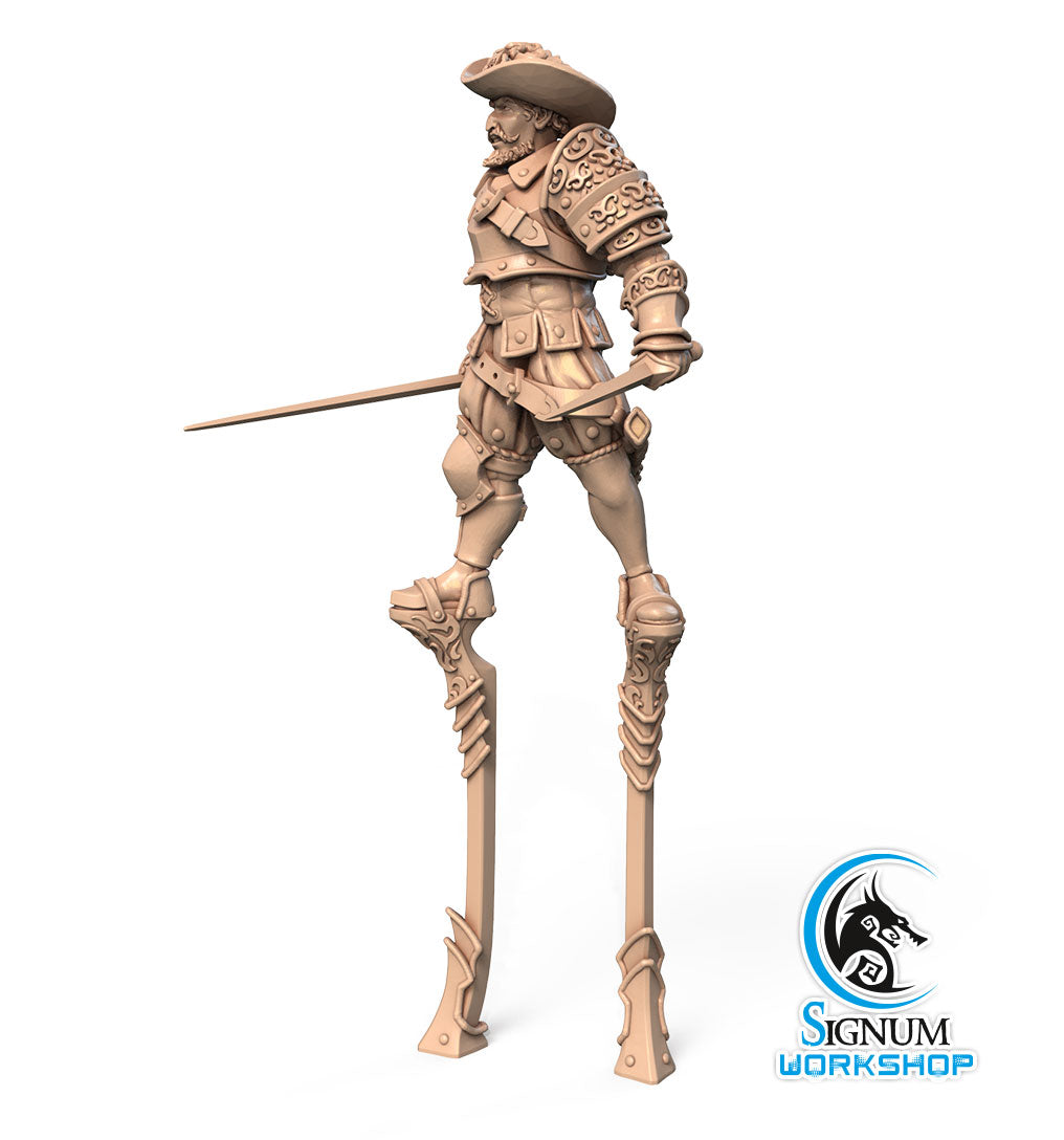 A 3D render of a knightly figure on tall stilts, holding a sword in one hand and wearing intricately detailed armor, including a hat with a feather. The figure stands confidently, resembling a Chevalier de Batz - Signum Workshop - 3d Print character, with the Signum Workshop logo displayed in the bottom right corner.