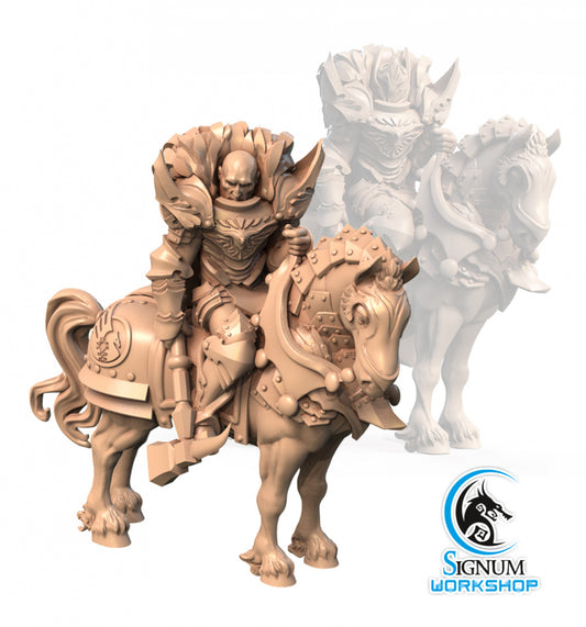 A detailed 3D printed miniature of Commander Ajax, Templar Seneschal - Signum Workshop - 3D Print, perfect for Dungeons and Dragons campaigns. The knight dons a helmet and ornate armor, holding a large sword across their lap. The horse is adorned with intricate decorations. The artwork includes the Signum Workshop logo.
