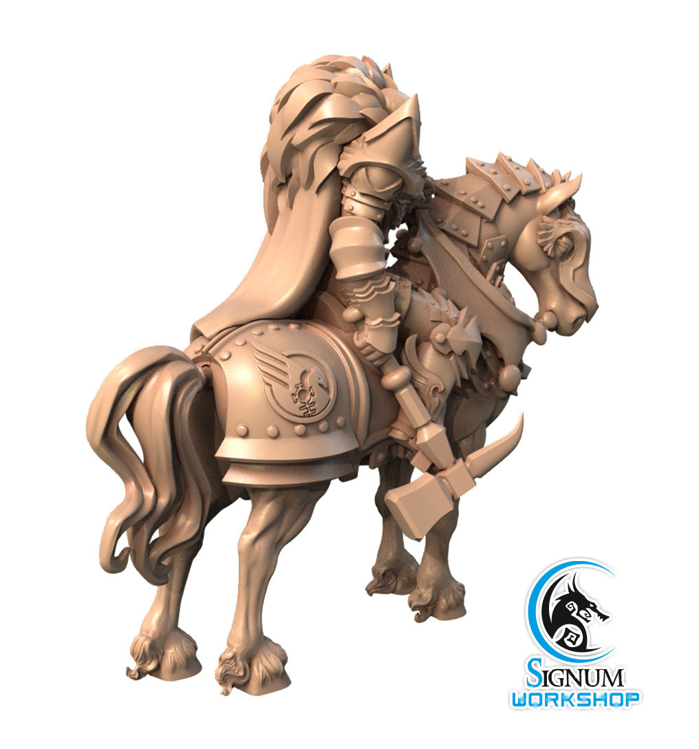 A detailed 3D-printed miniature of Commander Ajax, Templar Seneschal. Both the knight and horse are adorned with intricate armor featuring various engravings, ideal for Dungeons and Dragons campaigns. The knight brandishes a large hammer. The background is white with the "Signum Workshop" logo in the corner.