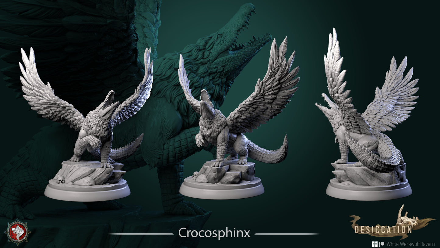 A digital rendering showcases a three-angle view of the "Crocosphinx - Resin 3D Print - WWT," featuring a bird-like body, large wings, and a crocodile head and tail poised on a rocky base. Branding from "Desiccation" and "White Werewolf Tavern" is visible, making it an ideal resin wargame model for enthusiasts.