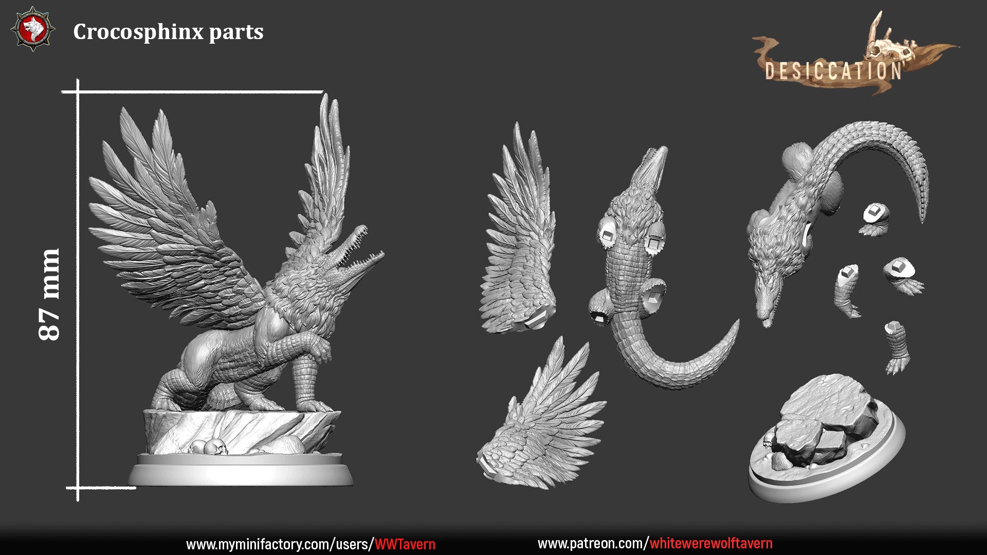 Product Description: The Crocosphinx - Resin 3D Print - WWT comes disassembled into several parts, including wings, head, tail, paws, and body. When assembled, it forms a detailed crocodile-like creature with wings mounted on a stone base. It measures 82 mm in height. You can find more information through the provided URLs. This miniature is ideal for resin wargame models.