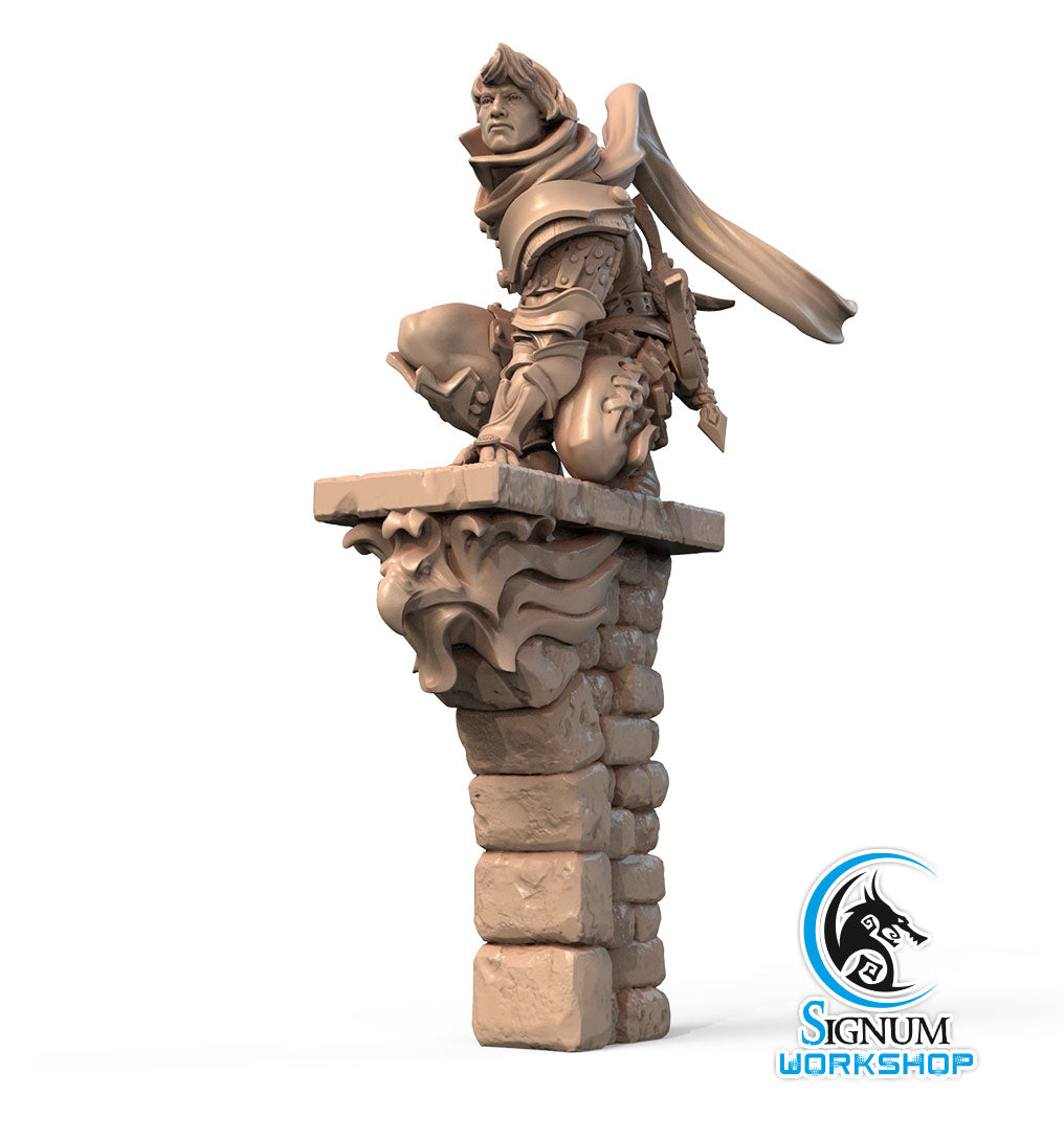 A detailed 3D printed miniature of Daniel, Vallors Hawk, kneeling on one knee atop a stone pillar with ornate carvings. The knight has a cloak flowing dramatically behind him, reminiscent of a scene from Dungeons and Dragons. The Signum Workshop logo is in the bottom right corner.