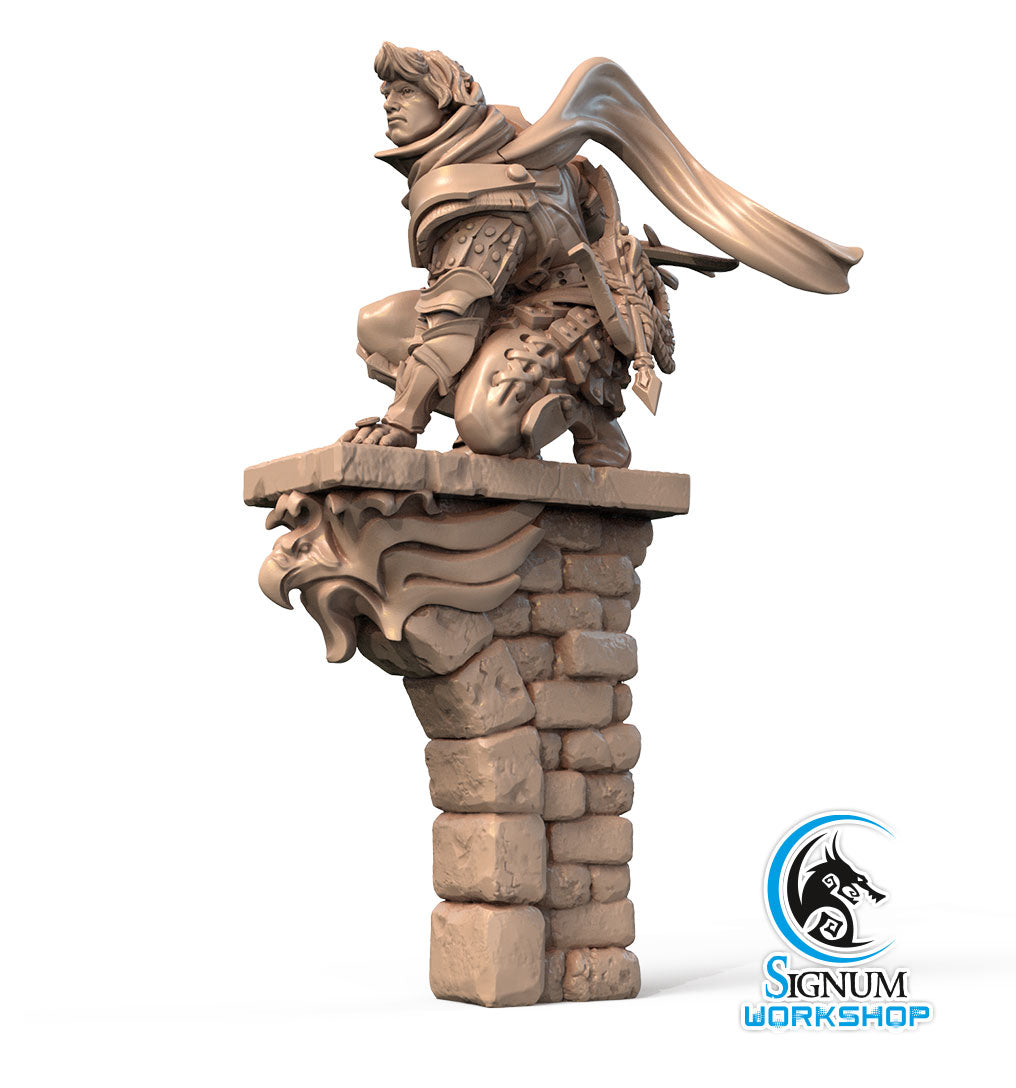 A detailed, 3D printed miniature depicts a heroic figure with a billowing cape, crouched on one knee atop a stone gargoyle perch. The scene emanates a sense of vigilant guard reminiscent of Dungeons and Dragons. The "Daniel, Vallors Hawk - Signum Workshop - 3d Print" logo is displayed in the bottom right corner.