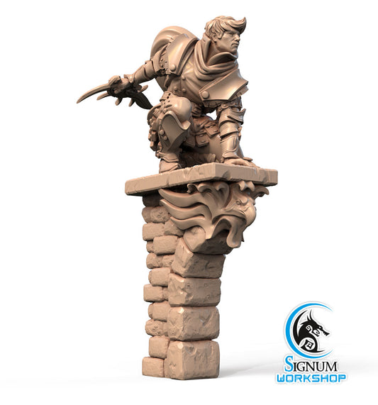 A detailed 3D printed miniature of a warrior poised on the edge of a stone structure. The warrior holds a weapon, ready for battle, and wears armor with a cape flapping behind. Perfect for Dungeons and Dragons campaigns, it features the Daniel, Vallors Hawk - Signum Workshop - 3d Print logo with a dragon and circular design below.