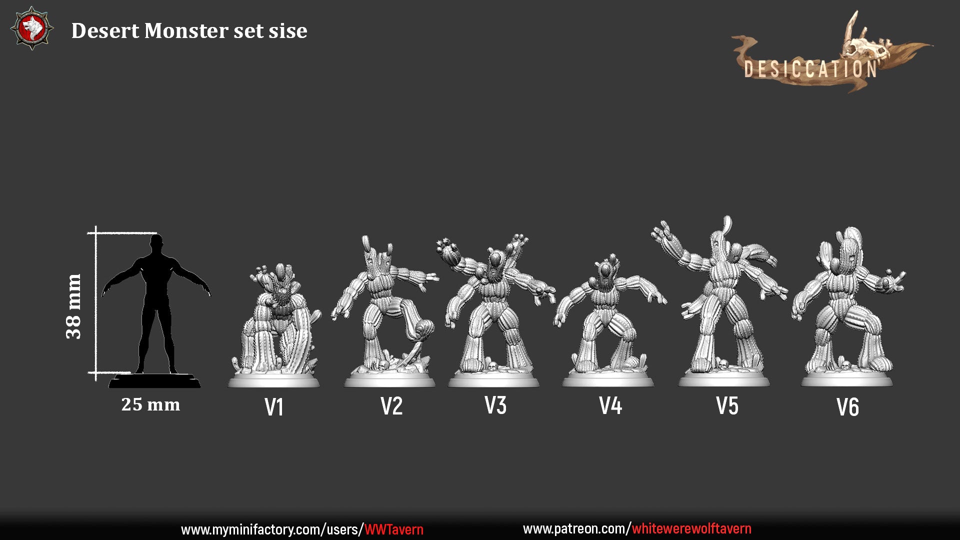 An image displays a set of six "Desert Monster - Resin 3D Print - WWT" miniatures, labeled V1 to V6, each progressively larger and more detailed. A human silhouette on the left indicates a height comparison of 38mm. The first Desert Monster stands at 25mm tall, with the rest ideal for wargames as they increase in size.