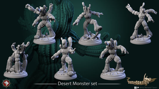 This set includes six intricately designed 3D-printed resin miniatures, each resembling a distinctive humanoid cactus monster in various poses, all standing on circular bases. Ideal for wargaming enthusiasts, the background highlights a large cactus alongside the "Desert Monster - Resin 3d Print -WWT" title and accompanying logos at the bottom.