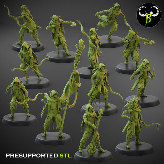 Collection of twelve 3D-printed miniature figurines depicting hooded, robed figures wielding various weapons like swords, staffs, and flags. Perfect for Dungeons and Dragons campaigns, these dynamically posed figures on round bases are designed for 3D printing with "Desert Sentinel Unit - Clay Beast Creations - 3d Print" text.