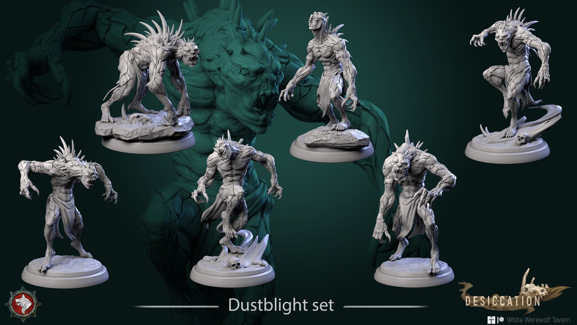 Displayed are five intricately detailed resin miniatures of monstrous creatures from the "Dust Blight - Resin 3D Print - WWT" set. Each figure is uniquely posed, highlighting their menacing, clawed hands, muscular build, and spikes protruding from their bodies. Logos for White Werewolf Tavern and Desiccation enhance the appeal for wargames enthusiasts.