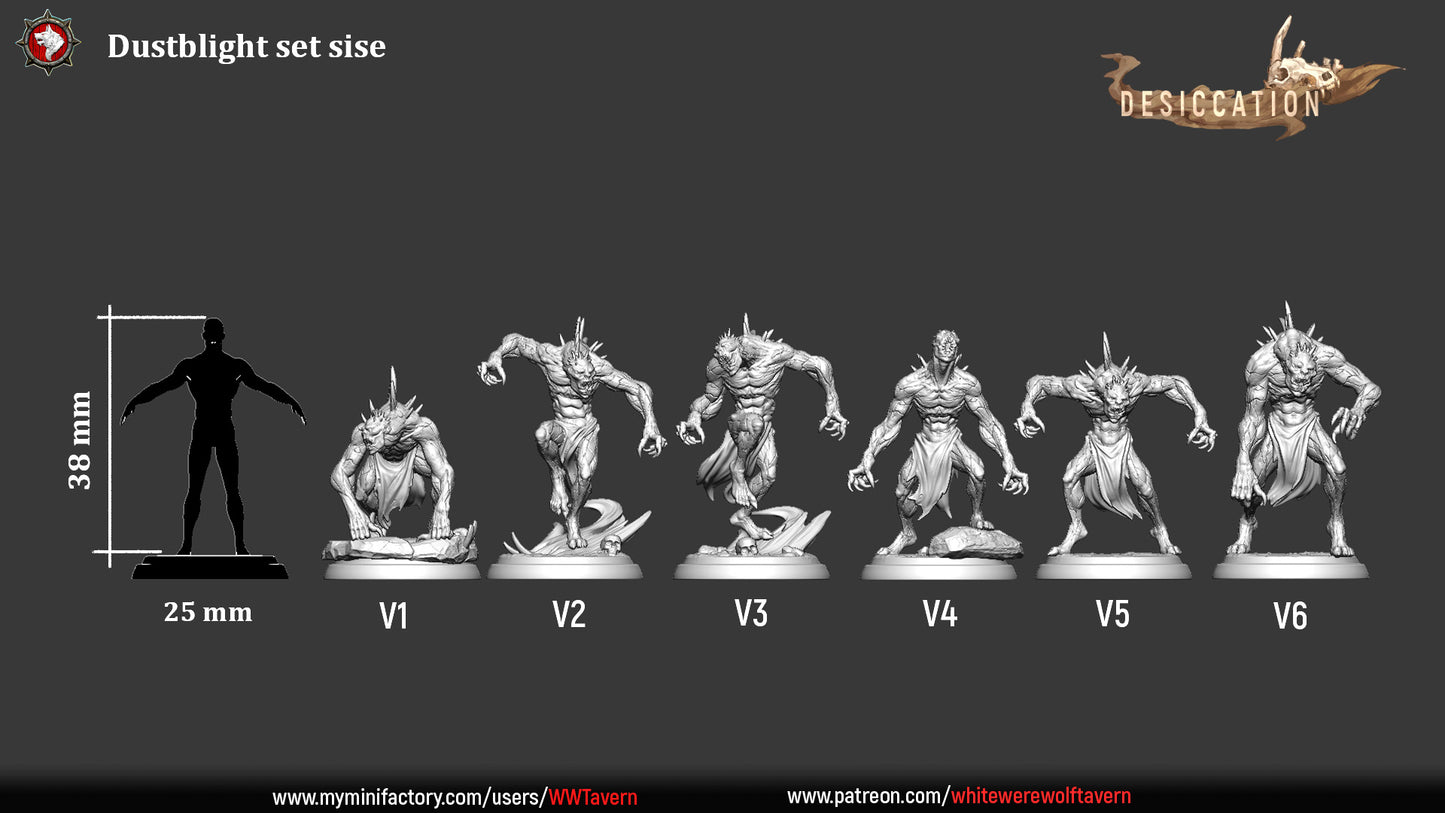 An image titled "Dust Blight - Resin 3D Print - WWT" showcasing six detailed resin miniatures, labeled V1 to V6, in dynamic poses perfect for wargames. A scale on the left indicates a height of 38 mm for comparison next to a human silhouette. Logos of MyMiniFactory, Patreon, and White Werewolf Tavern are also visible.