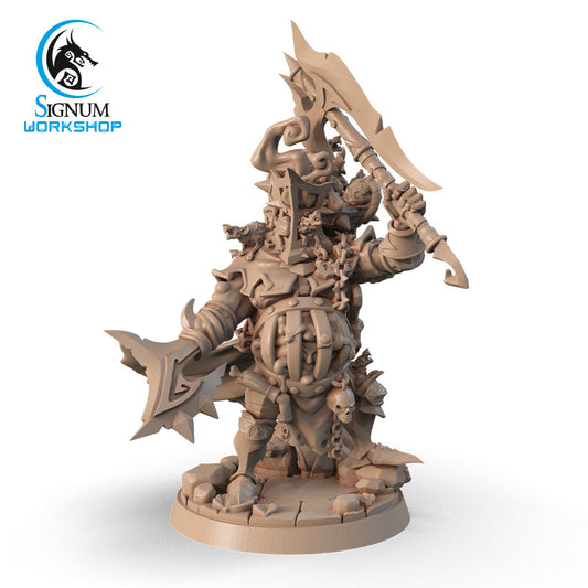 A highly detailed, 3D-printed miniature of a battle-ready warrior, adorned in spiked armor, holding a large, curved polearm in an aggressive stance. Perfect for Dungeons and Dragons campaigns, the Executioner of Plague With Axe - Signum Workshop - 3d Print has a skull motif on the armor and stands on a decorated base. The "Signum Workshop" logo is visible in the top left corner.