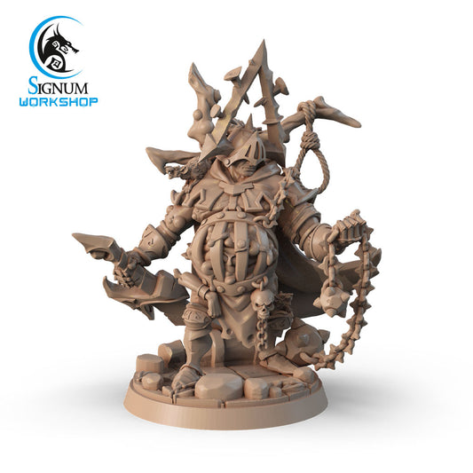 A detailed Executioner of Plague With Chain - Signum Workshop - 3d Print of a heavily armored warrior holding a flail in one hand and a spiked weapon in the other, perfect for Dungeons and Dragons. Adorned with numerous spikes, skulls, and other battle gear, it stands on a rocky base. 'Signum Workshop' logo in the upper left corner.