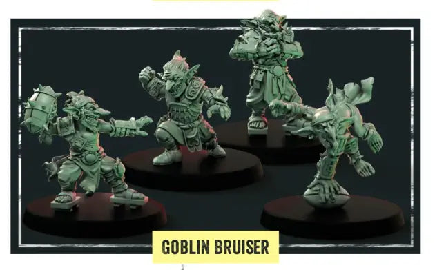 Featuring four intricately designed goblin miniatures in various poses, each standing on a round base against a dark backdrop. The caption reads "Jade Jaws - Goblin Bruisers," highlighting their fantasy theme.