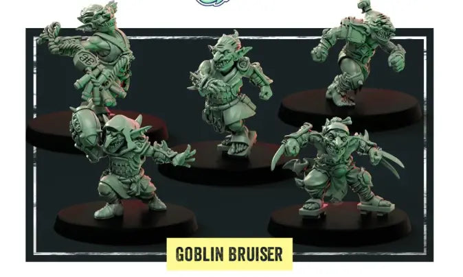 The Jade Jaws - Goblin Bruisers set features five intricately crafted miniature figures, each depicting a goblin character in a dynamic pose on circular black bases. These figures are labeled "Goblin Bruiser" at the bottom and come equipped with various weapons and armor, highlighting their fantasy-themed designs.