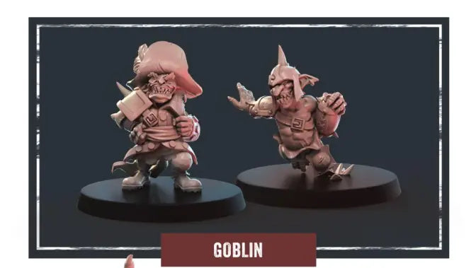 Two intricately designed Goblin miniatures, standing on round bases, are part of the Storm Coast Marauders - Goblins set. The Goblin on the left is adorned with a pirate hat and brandishes a sword, capturing the essence of the Storm Coast Marauders. Meanwhile, its counterpart on the right wears a spiked helmet and displays clenched fists. "Goblin" is inscribed at the base of these expertly crafted resin figures.