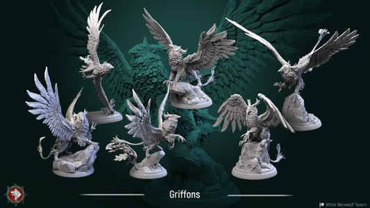 A collection of detailed resin miniatures, "Gryphon - Resin 3D Print - WWT," includes models of gryphons posed in various positions such as flying, landing, and perching. The background features a large griffon silhouette. The bottom left displays a red emblem, and the bottom right reads "White Werewolf Tavern." The label says "Griffons.