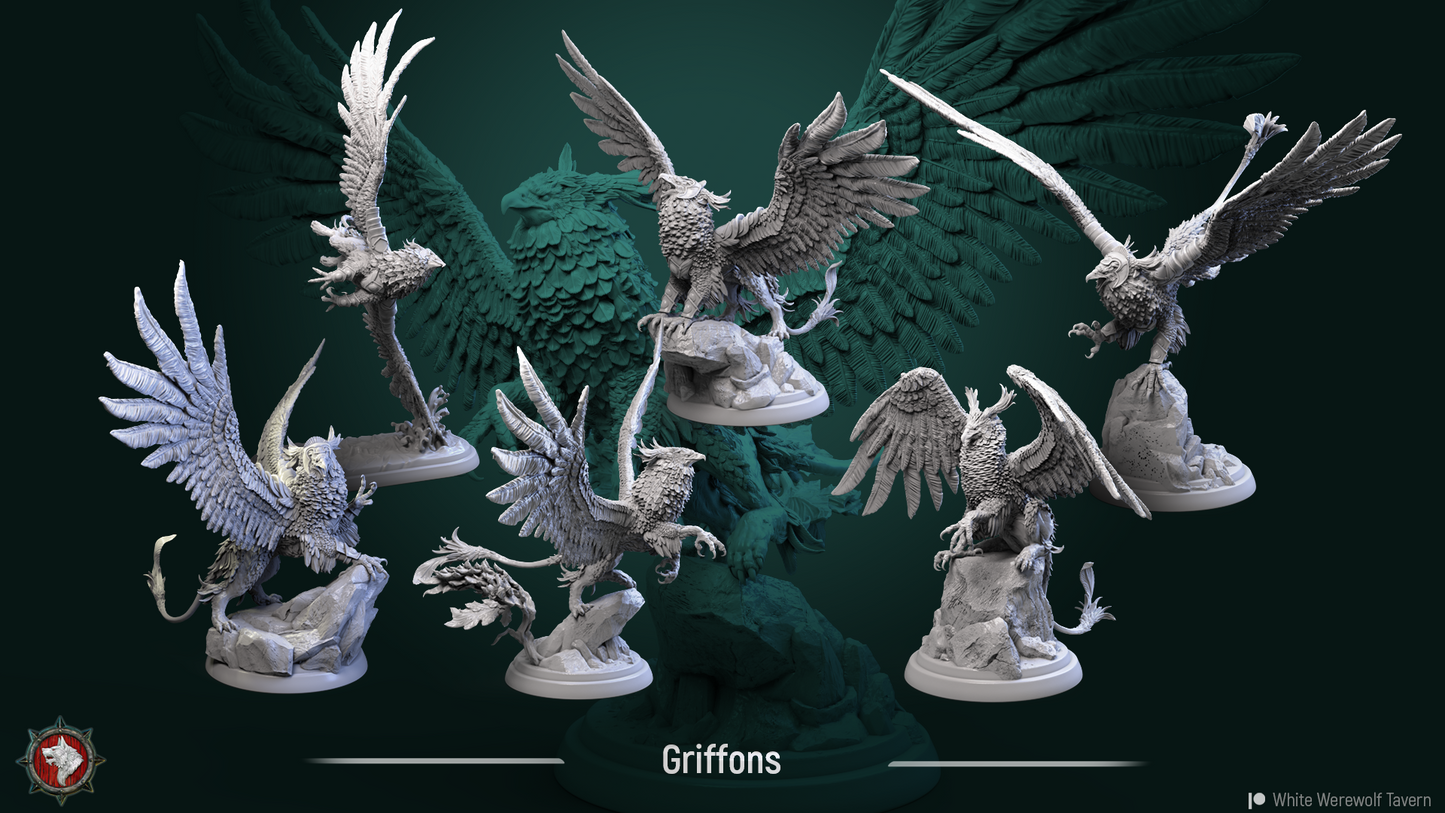 A digital collage featuring detailed resin miniatures of Gryphon - Resin 3d Print -WWT models. Each gryphon is shown in various dynamic poses, highlighting their wingspread, fierce expressions, and powerful stances on rocky bases. The background includes a large, shadowy silhouette of a gryphon with spread wings. Ideal for wargaming enthusiasts.