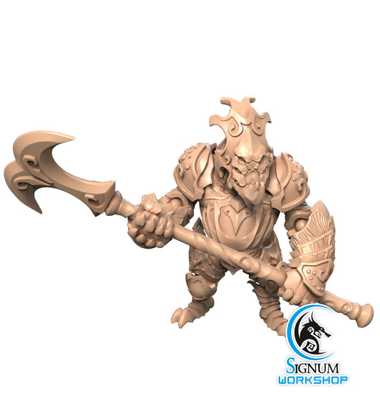 A detailed 3D printed miniature of a fantasy warrior, featuring intricate armor with organic, leaf-like designs, holding a double-sided axe and a circular shield. The warrior's ornate helmet and armor suggest a nature-themed or elven influence perfect for Dungeons and Dragons campaigns. 'Guard-Construct of Kadbrant Fortress - Signum Workshop - 3d Print' logo is at the bottom right.