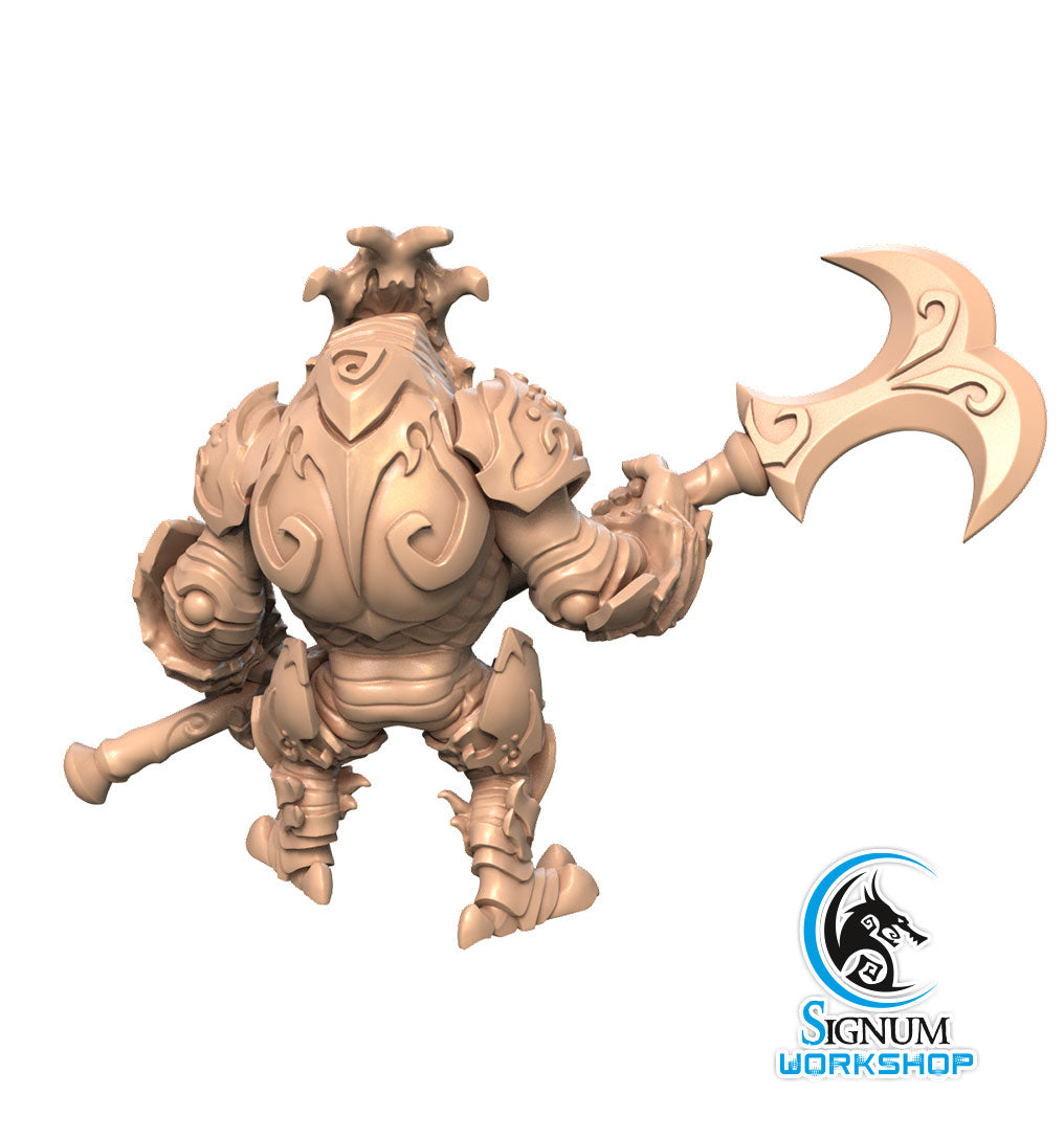 A detailed 3D model of the Guard-Construct of Kadbrant Fortress - Signum Workshop - 3d Print, a fantasy armored warrior holding a large, ornate double-bladed axe. The armor, reminiscent of Dungeons and Dragons, is intricate with decorative patterns and spikes. The figure stands in a dynamic pose with its back towards the camera. The Signum Workshop logo is visible.