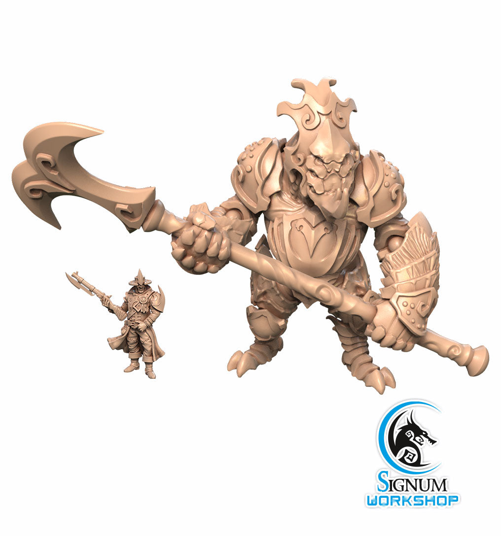 A detailed 3D printed miniature of a fantasy creature wielding a large axe stands prominently. To its left is a smaller figure of an armored warrior holding a spear, reminiscent of Dungeons and Dragons characters. The logo "Guard-Construct of Kadbrant Fortress - Signum Workshop - 3d Print" with a stylized wolf head is at the bottom right corner.