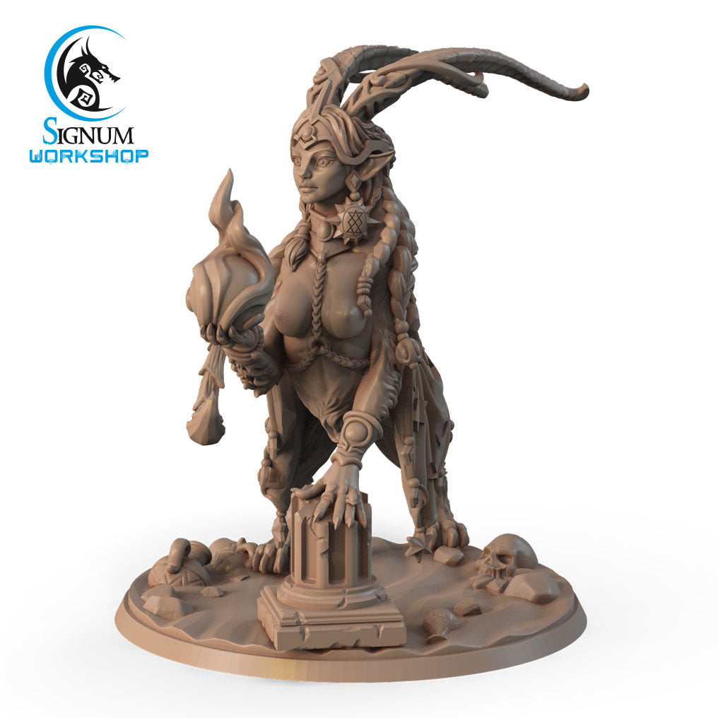 Hathor, The Star of the East - Signum Workshop - 3d Print is a 3D-printed fantasy figurine of a female character with goat-like horns and elaborate braided hair, holding a staff with a flame-like design. Perfect for Dungeons and Dragons, she stands on a detailed base featuring rocks and skulls. The logo "Signum Workshop" is visible in the top left corner.