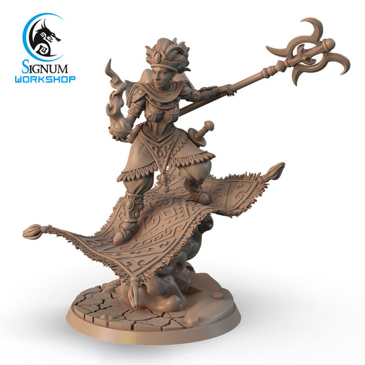 A detailed 3D-printed miniature of a sorcerer in dynamic pose, brandishing a staff with intricate designs. The figure stands on a patterned flying carpet above a rocky base, reminiscent of an epic Dungeons and Dragons scene. The piece is labeled "Heda, Sorceress of the Desert - Signum Workshop - 3d Print" with their logo in the top left corner.