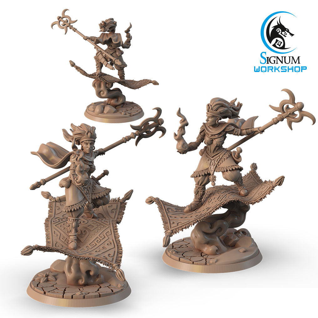 Three detailed figurines from Signum Workshop depict Heda, Sorceress of the Desert levitating on a magic carpet, perfect for any Dungeons and Dragons campaign. The sorceress wields a staff and wears dynamic, wind-swept clothing. Each 3D printed miniature features a mystical, swirling cloud design at its base.