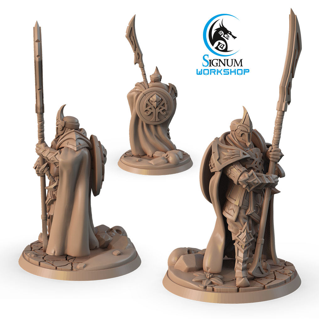 Three intricately designed, 3D printed **Immortal with a spear - Signum Workshop - 3d Print**, featuring armored warriors with long spears and elaborate shields, displayed from different angles. Perfect for Dungeons and Dragons campaigns, the miniatures are positioned on detailed bases with the "Signum Workshop" logo in the top right corner.