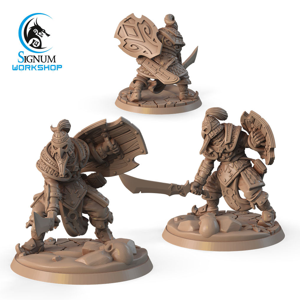 Three intricately detailed Immortal with a sword - Signum Workshop - 3d Print miniature warrior figurines in different poses, wearing ornate armor and holding large, decorated shields and swords. Perfect for Dungeons and Dragons enthusiasts, the figures are displayed on a textured base, with the Signum Workshop logo visible in the top left corner.