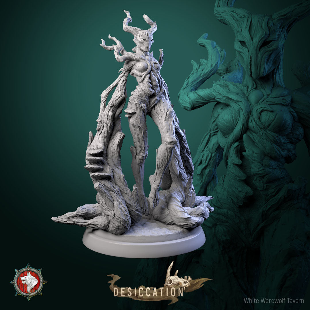 Introducing the Infected Dryad - Resin 3D Print -WWT, a stunningly detailed fantasy figurine. This intricate miniature features an eerie Infected Dryad, with twisted branches and roots forming its body, ideal for wargaming. Crafted from high-quality resin, it perfectly captures the essence of desiccation, resembling dry, cracking wood. The dark gradient green background adds to its mystical allure.