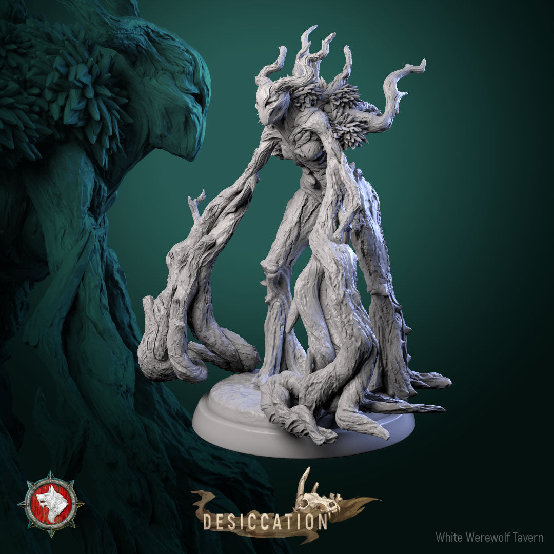 The Infected Dryad - Resin 3D Print by White Werewolf Tavern features a twisted, gnarled wooden appearance with elongated, weathered limbs. This detailed digital model stands on a round base and is part of the "Desiccation" collection, making it an ideal addition for wargame enthusiasts.