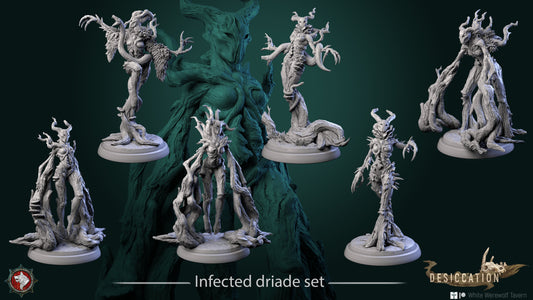 A set of six intricately detailed "Infected Dryad - Resin 3D Print" miniatures from White Werewolf Tavern is displayed. Each dryad exhibits an eerie, twisted appearance with elongated limbs and gnarled, bark-like textures, while a dark figure in the background adds a menacing ambiance. Perfect for wargames, this set is sure to enhance your tabletop experience.