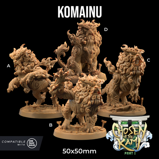 Four detailed resin miniatures of Komainu - The Dragon Trappers Lodge - 3d Print, mythical lion-dogs standing on round bases. Each figure varies slightly in pose and detail, labeled A, B, C, and D. Text reads "KOMAINU," "COMPATIBLE WITH ONE PAGE RULES," and "Chosen of the Kami PART I." From Dragon Trappers Lodge. Size: 50x50mm.