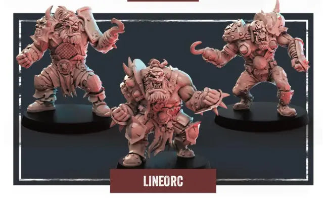 Three intricately designed miniature orc figures, each in dynamic poses, are showcased on black bases. These exquisite resin miniatures feature armor and exaggerated muscular details, with one holding a weapon. The label "LINEORC" adorns the base, identifying them as Storm Coast Marauders collectibles.