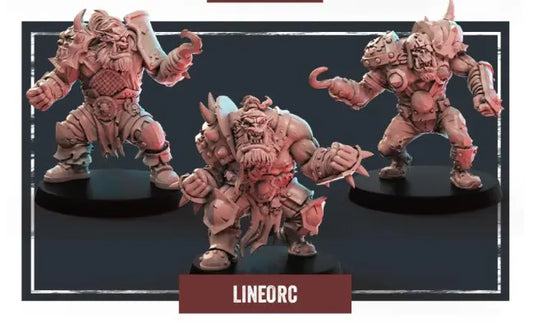 Three intricately designed miniature orc figures, each in dynamic poses, are showcased on black bases. These exquisite resin miniatures feature armor and exaggerated muscular details, with one holding a weapon. The label "LINEORC" adorns the base, identifying them as Storm Coast Marauders collectibles.