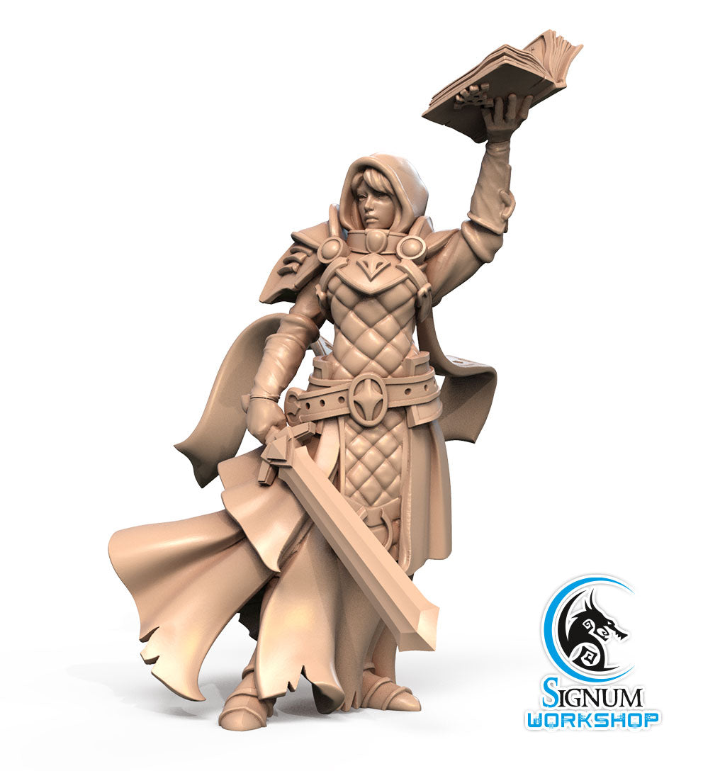 A detailed 3D printed miniature figure of a fantasy character clad in armor and a hooded cloak, holding a raised book in one hand and a sword in the other. Perfect for Dungeons and Dragons, the figure stands on a flat base with a logo reading "Liobrenda the Temple Novice - Signum Workshop - 3d Print" in the bottom right corner.