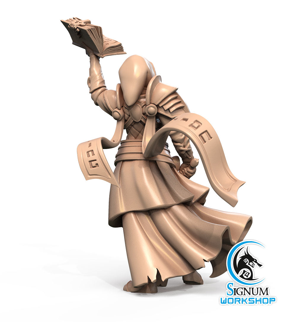 A 3D printed miniature of a hooded figure in elaborate, flowing robes, partly armoured, standing with one arm raised holding an open book. Perfect for Dungeons and Dragons campaigns, the robes and armour have intricate details. The figure stands on a small base with the "Signum Workshop" logo in the bottom right corner. 

Product Name: Liobrenda the Temple Novice - Signum Workshop - 3d Print