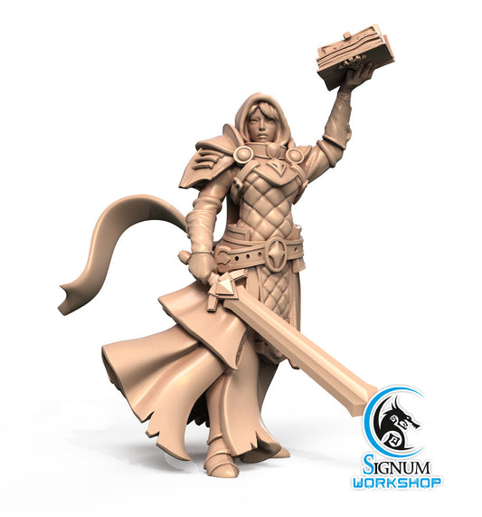 A detailed 3D printed miniature figurine of Liobrenda the Temple Novice holding a book aloft in one hand and a large sword in the other. The figure, perfect for Dungeons and Dragons, wears ornate armor and a flowing cape. The logo "Signum Workshop - 3d Print" featuring a stylized wolf is visible in the bottom right corner.
