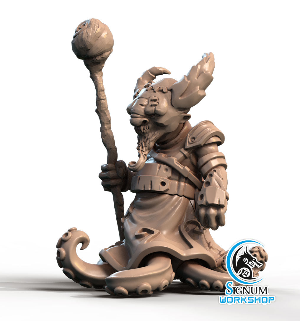 A 3D printed miniature figure of an anthropomorphic feline wizard. The figure features a cat-like face with a beard, intricate armor, a long staff topped with a round object, and tentacle-like feet, perfect for your Dungeons and Dragons campaign. The Merkaar Tentacules - Signum Workshop - 3d Print logo is displayed in the bottom right corner.