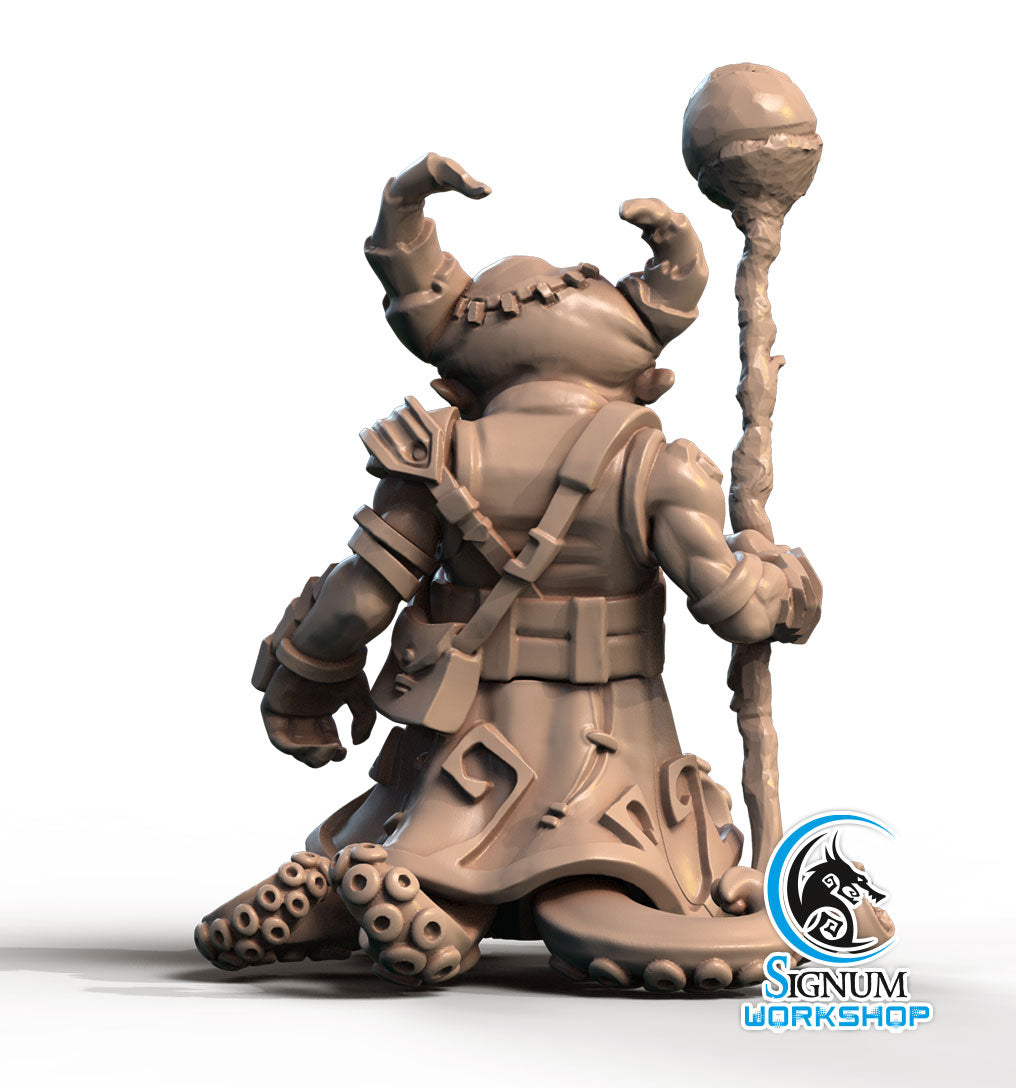 A detailed 3D printed miniature figure featuring a character with octopus tentacles for legs, wearing a long coat with engraved symbols, and holding a staff with a round top. Perfect for Dungeons and Dragons, the figure faces away, with the Signum Workshop logo visible in the bottom right corner. This is Merkaar Tentacules - Signum Workshop - 3d Print.