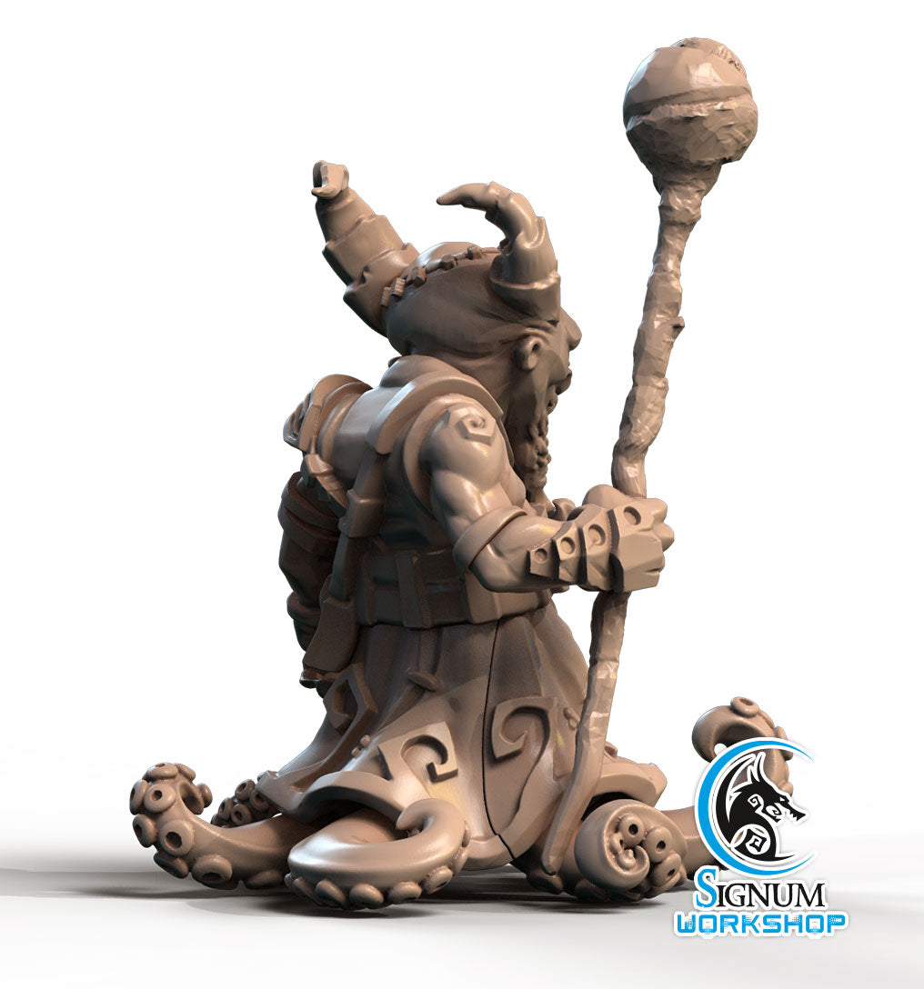 A detailed 3D printed miniature figurine of a fantasy character with horns, holding a staff, and having tentacle-like lower limbs. The character wears armor with intricate designs. Perfect for Dungeons and Dragons campaigns, the logo "Signum Workshop" is in the bottom right corner. Merkaar Tentacules - Signum Workshop - 3d Print.