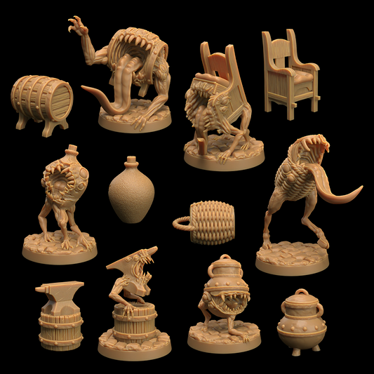 A collection of 3D-printed fantastical creature and object miniatures ideal for Dungeons and Dragons. Small Mimics - The Dragon Trappers Lodge - 3d Print includes various monstrous figures with exaggerated features, such as long tongues, multiple limbs, and top hats, as well as detailed props like a barrel, chair, jug, and baskets—all in a beige color.