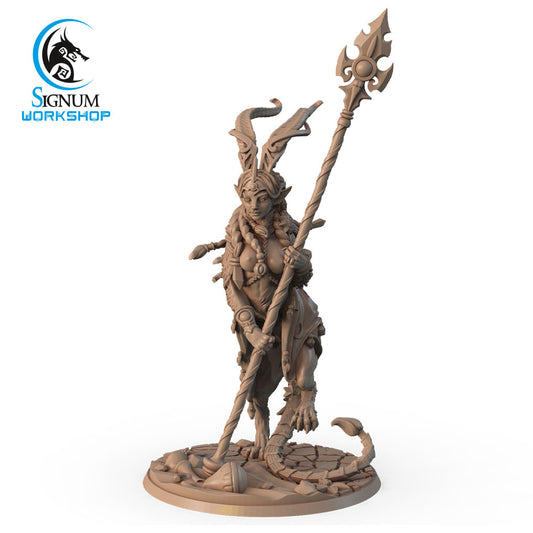 A detailed 3D printed miniature depicting a mythological character with animalistic features, holding a staff with a flame-like ornament. The figure is on a circular base with the Signum Workshop logo in the top left corner. Perfect for Dungeons and Dragons, Mut, Queen of the Sorcerers - Signum Workshop - 3d Print has horns, fur, and a tail.