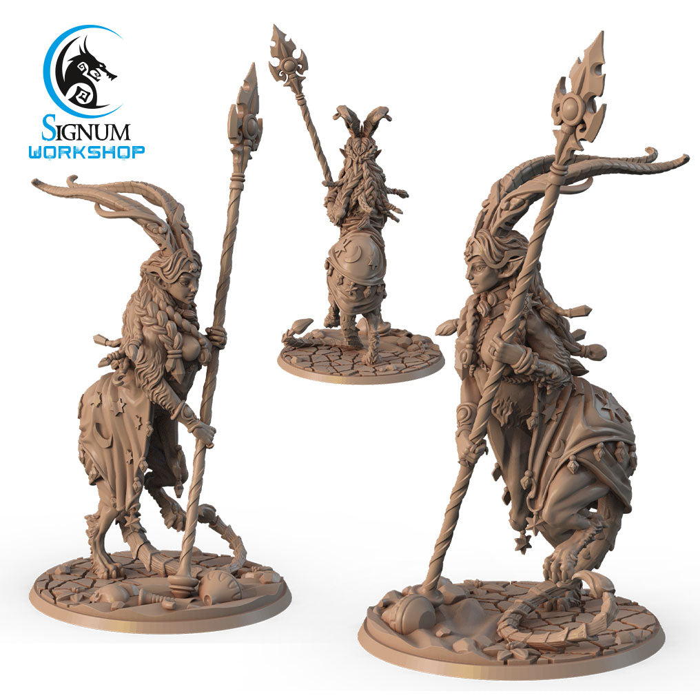 Detailed 3D-printed miniature of a mythical, armored creature holding a staff, shown from three different angles. The creature has antlers, intricate armor, and stands on a round base. Perfect for Dungeons and Dragons enthusiasts. The image includes the logo and text "Mut, Queen of the Sorcerers - Signum Workshop - 3d Print" in the top-left corner.