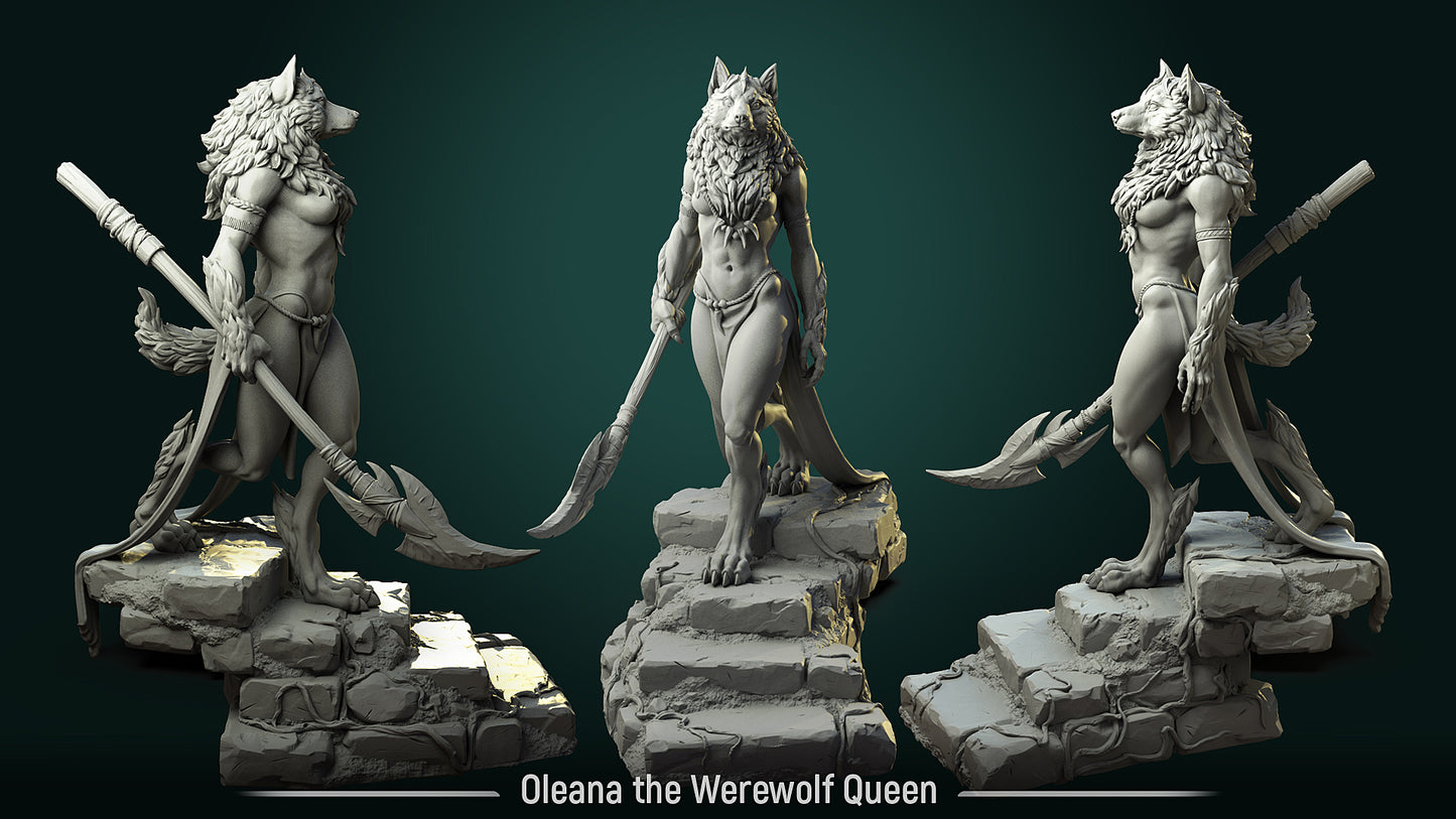 The Oleana Werewolf Queen - Resin 3D Print - WWT is meticulously portrayed from three angles, catering perfectly to wargames enthusiasts. Oleana stands majestically on a stone staircase, wielding a large spear. She exudes power and regality with her muscular humanoid body, wolf’s head, fur, and tail. The dark green background enhances the striking details of this impressive sculpture.