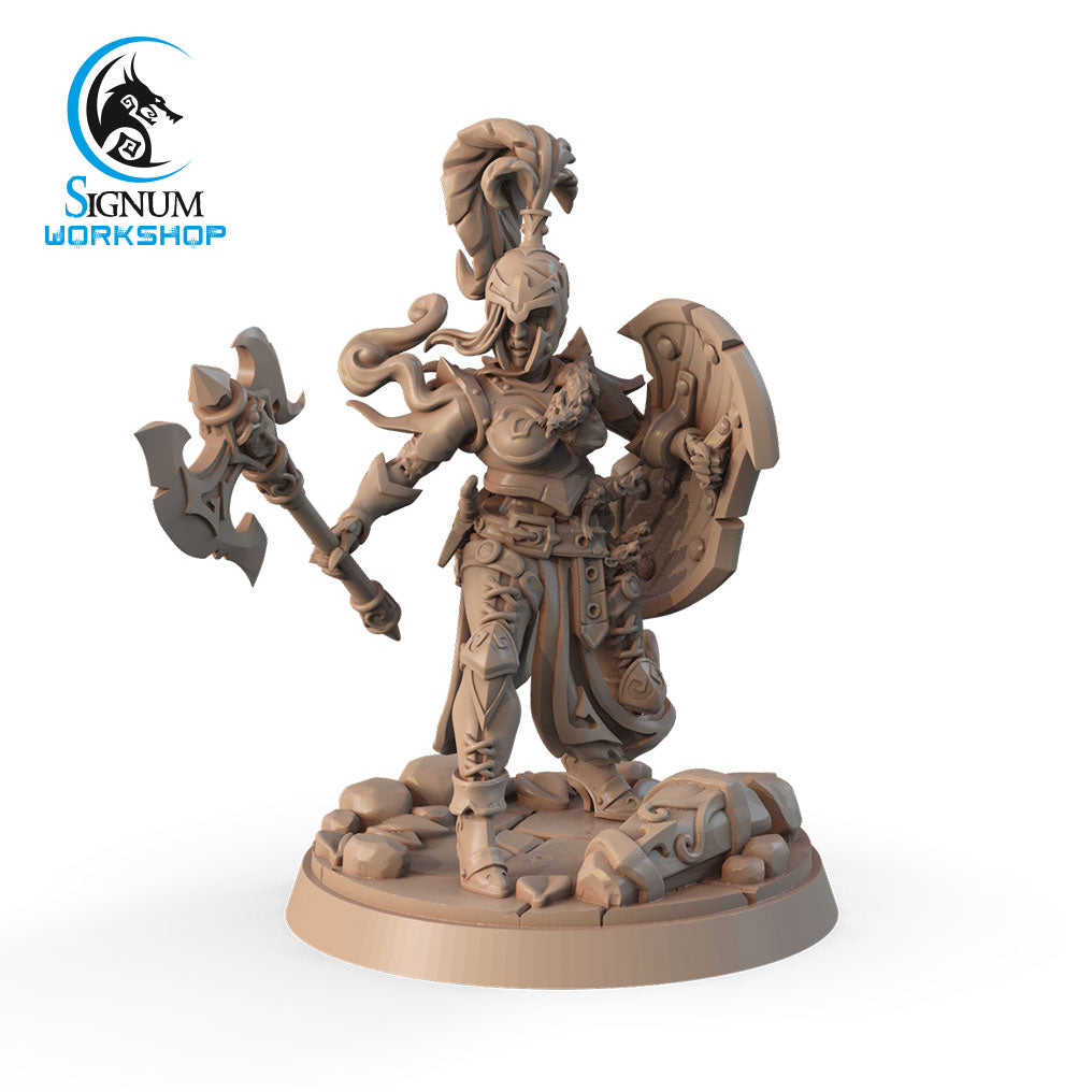 A detailed 3D printed miniature figurine of a fantasy warrior stands on a rocky base. The Plague Legionary with Axe - Signum Workshop - 3d Print holds a shield in one hand and a large axe in the other. The figure displays intricate design elements, with the logo "Signum Workshop" visible in the top left corner.