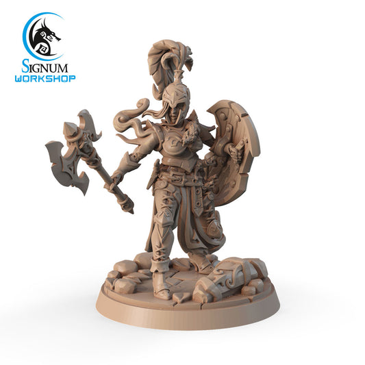 A detailed 3D printed miniature figurine of a fantasy warrior stands on a rocky base. The Plague Legionary with Axe - Signum Workshop - 3d Print holds a shield in one hand and a large axe in the other. The figure displays intricate design elements, with the logo "Signum Workshop" visible in the top left corner.