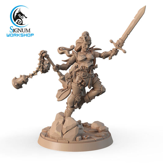 A detailed 3D printed miniature figure of a Plague Legionary with Chain - Signum Workshop - 3d Print holding a large sword in one hand and a spiked mace in the other. Perfect for Dungeons and Dragons enthusiasts, the warrior stands dynamically on a rocky base. The image includes the Signum Workshop logo in the top left corner.