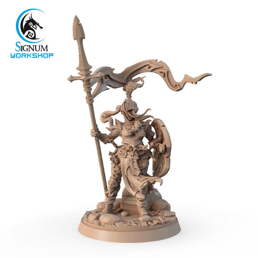 A highly detailed, 3D-printed miniature figure of a warrior encased in ornate armor, holding a large, intricate spear or polearm with a billowing banner attached. The warrior stands on a decorated base, ready for any Dungeons and Dragons campaign. The logo "Plague Legionary with Spear - Signum Workshop - 3d Print" is visible in the top left corner.
